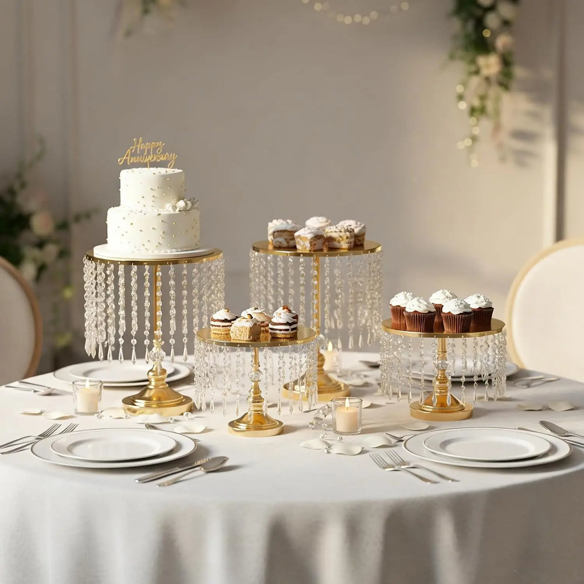 6Pcs Gold Mirror Cake Stand Set With Crystal Pendants, Round Dessert Display Stands For Wedding Birthday Party Dessert Table Cupcake Holder