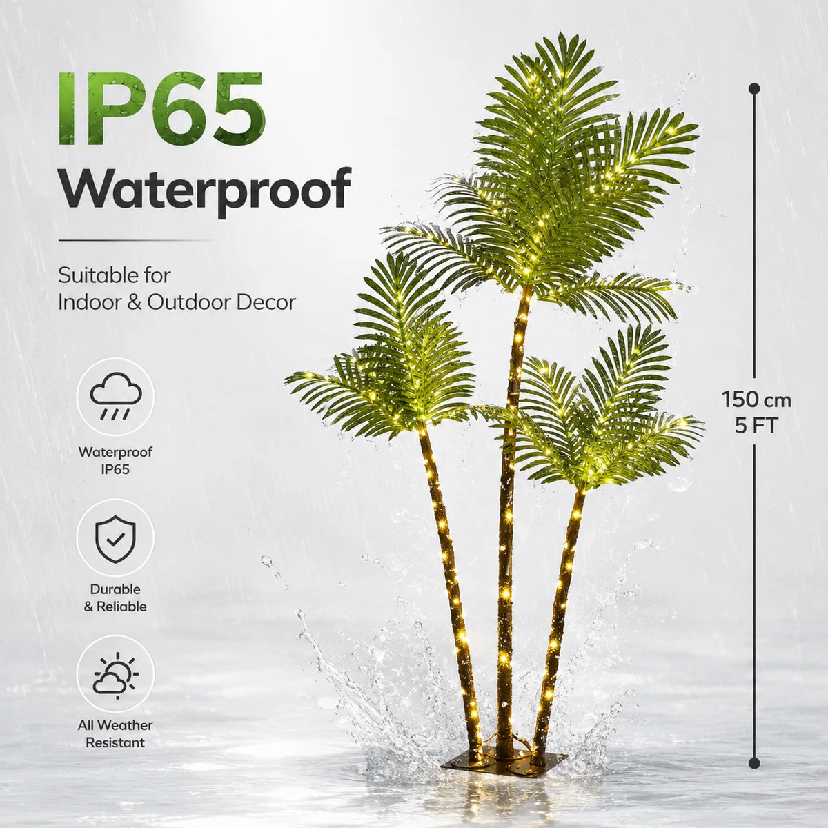 Artificial Palm Tree with LED Lighted Christmas Decor USB Powered, 5FT, 6FT Artificial Palm Tree with LED Lights, 8 Lighting Modes and IP65 Waterproof for Indoor Outdoor Christmas and Tropical Spaces