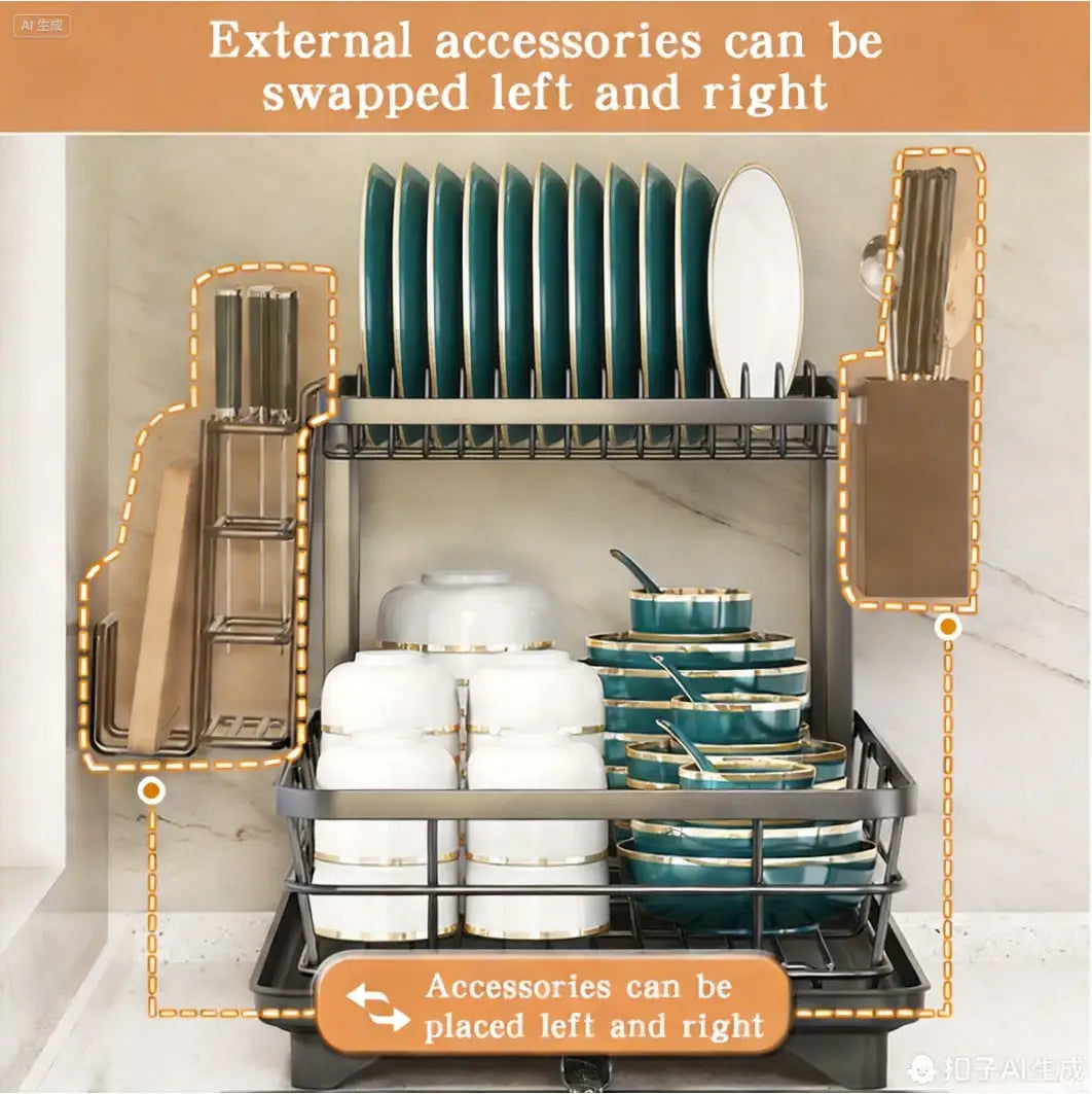 This Double-Layered, Large Metal And Carbon Steel Cutlery Rack Is Perfect For Kitchen Countertops. It's Space-Saving And Durable, Featuring Knife, Fork, And Cup Holders, As Well As A Drainer. The Rust-Resistant Design Makes Y