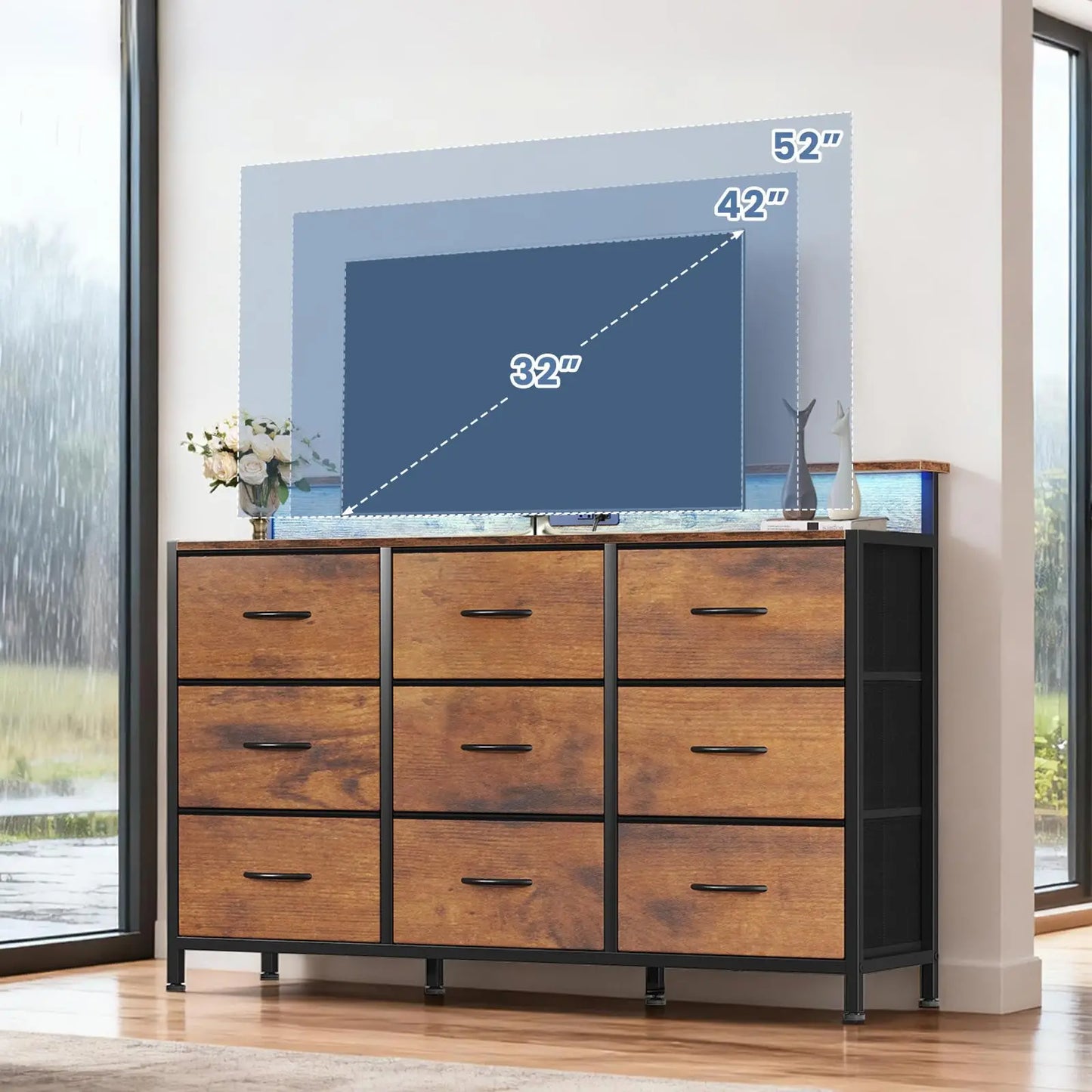 JHK TV Stand Dresser with 9 Fabric Drawers Wood Top Media Console for 32-52 inch TV Stand with Storage Display Of Furniture