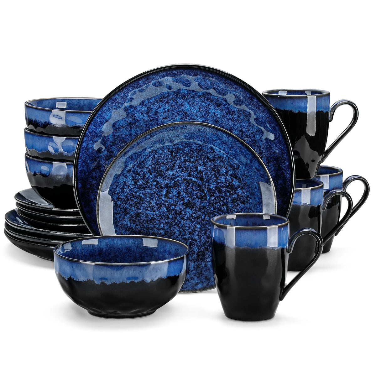 Vancasso 16/32/48-Piece Starry Blue Dinner Set, Kiln Change Glaze Tableware Dinner Set with Dinner Plate, Dessert Plate, Bowl, M