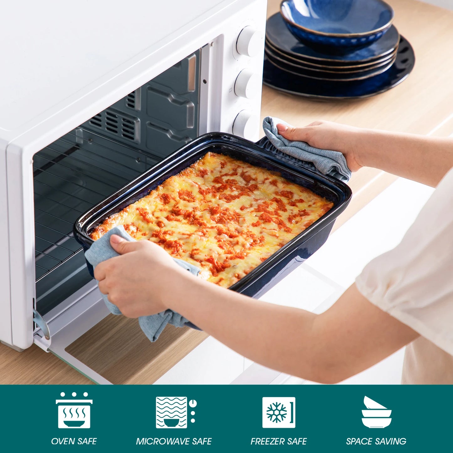 Vancasso Starry 3.8/1.9 Quart Blue Casserole Baking Dish Large Lasagna Pan with Lid Stoneware Casserole with Lid Microwave