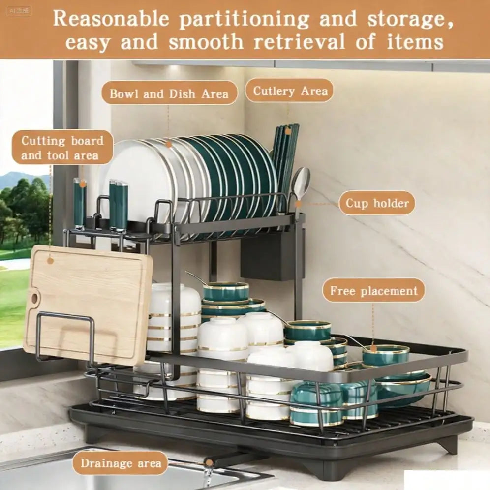 This Double-Layered, Large Metal And Carbon Steel Cutlery Rack Is Perfect For Kitchen Countertops. It's Space-Saving And Durable, Featuring Knife, Fork, And Cup Holders, As Well As A Drainer. The Rust-Resistant Design Makes Y