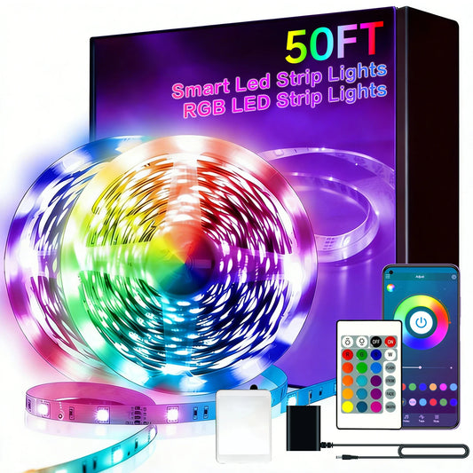 50FT Bedroom LED Strips Light, Color-hanging LED Strips Set, with 24-key Remote Control and Intelligent Application Control, RGB Music Synchronous Lighting, Suitable for Rooms, Home Decoration