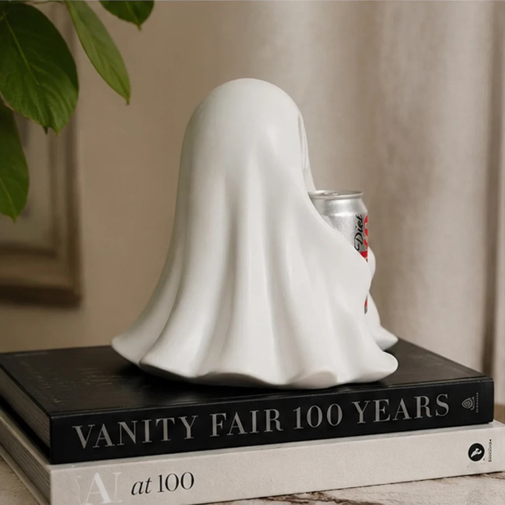 Funny Ghost Holding Soda Can Resin Statue Halloween Desk Decor Cute Spooky Room Ornament Gift for Home Office Decoration
