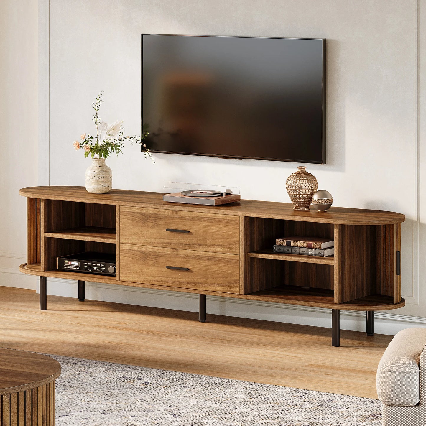 Tribesigns 70" Mid-Century Modern TV Stand with Sliding Tambour Door, Drawers and Adjustable Shelves, Long Fluted Entertainment