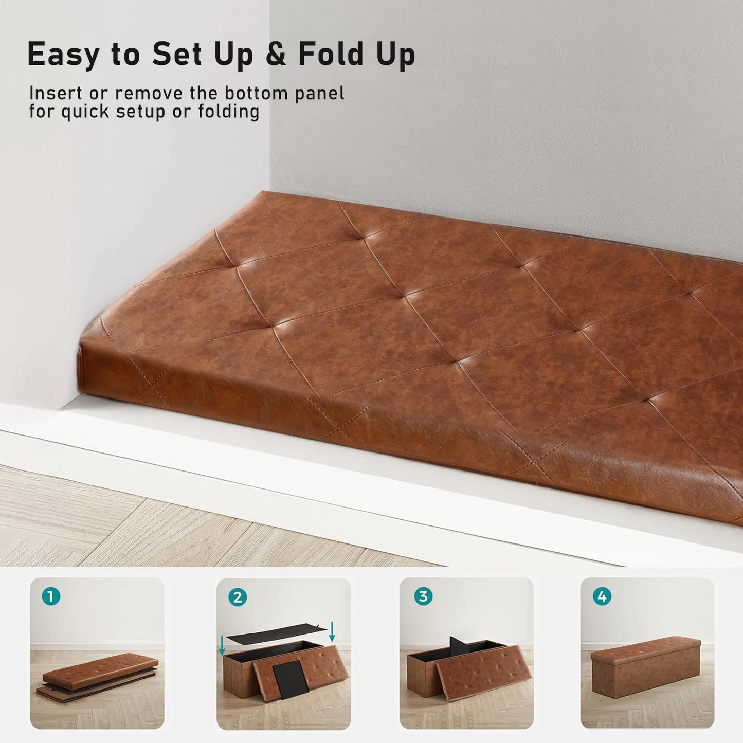 Tufted Faux Leather Storage Bench Folding Footrest Ottoman with 400lbs Weight Capacity, Large Blanket Toy Storage Organizer Chest for Bedroom