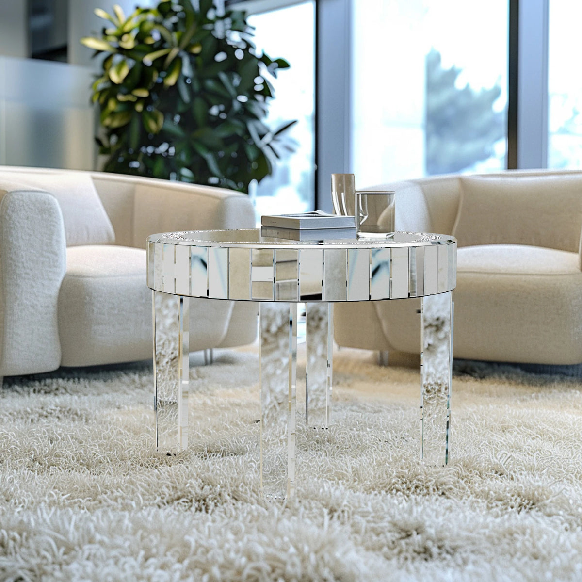 Luxury Round Mirrored Bedside Table, Crystal Diamond Inlay Accent Side Table for Living Room & Bedroom Decor