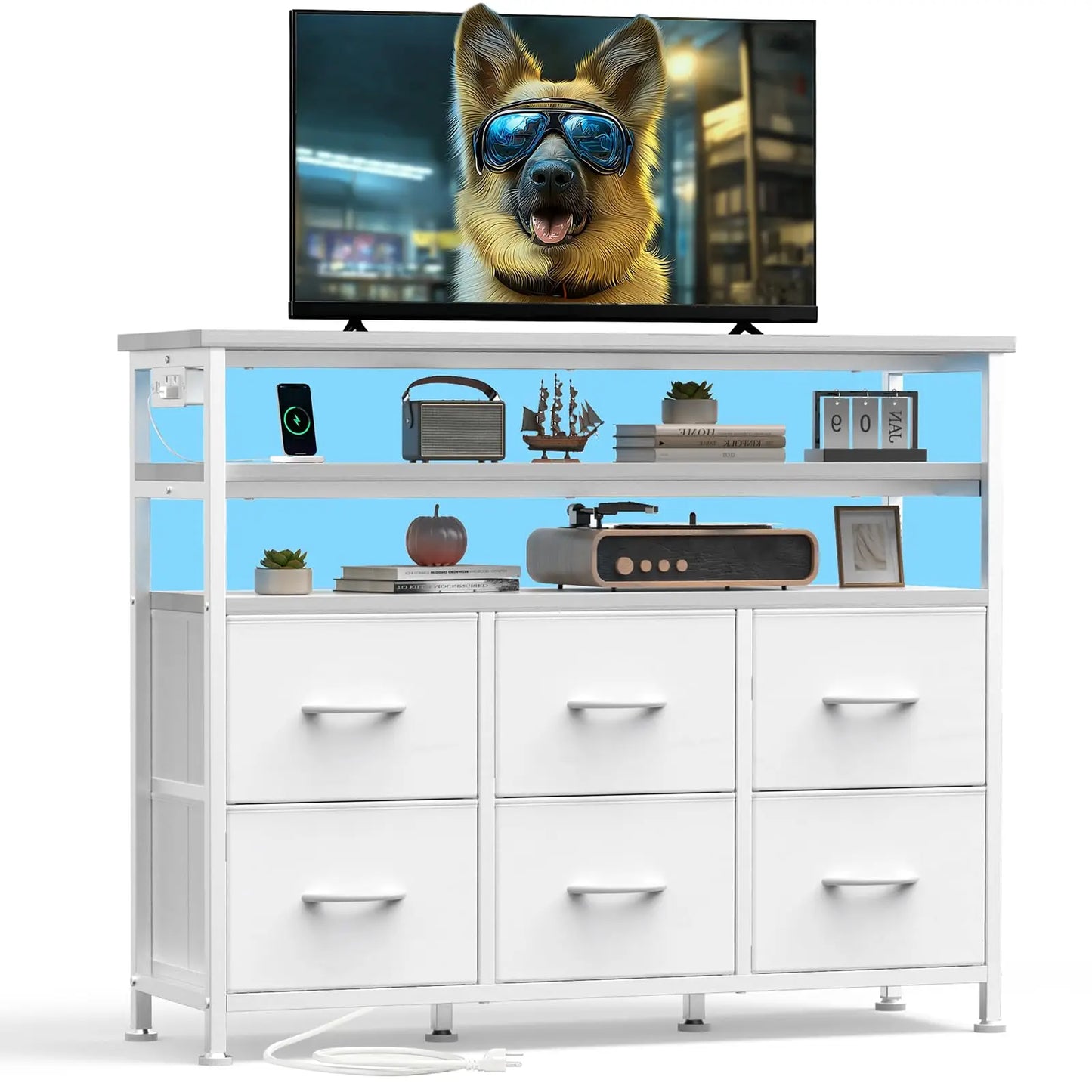 JHK TV Stand Dresser For Living Room With 6 Fabric Drawers Storage Up to 45 inch TV Wood Top TV Media Console Table Cabinet