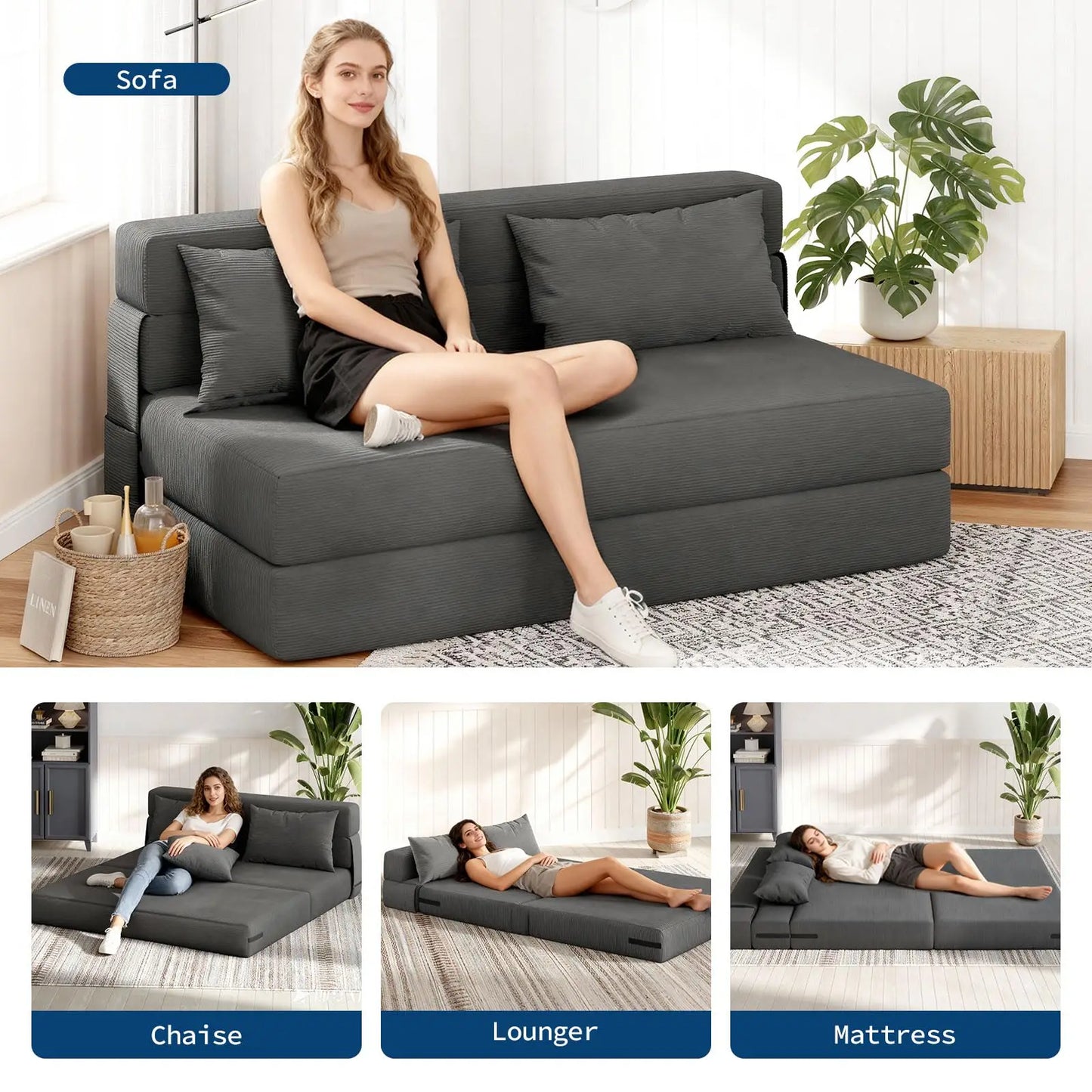 4-in-1 Folding Sofa Bed Convertible Sleeper Soft Corduroy Loveseat Couch With Pillow Space-Saving Fold Out Chair Bed For Room