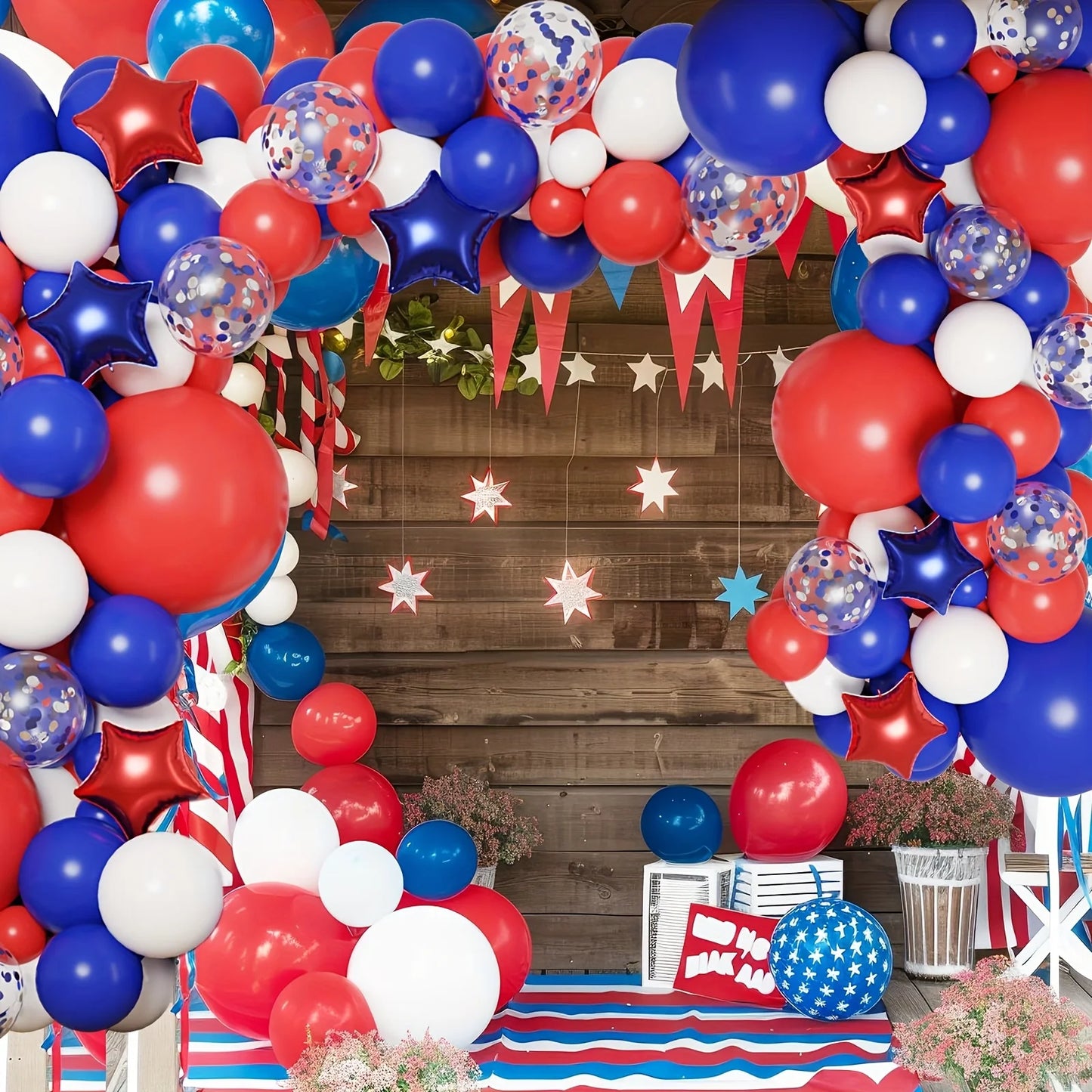 158pcs Red White Blue Patriotic Balloon Arch Kit American Themed Party Supplies Suitable For US Holiday Celebrations Puncture Resistant Not Easy To Break Multi Purpose Game Props Star Aluminum Foil Balloons For July 4th Birth