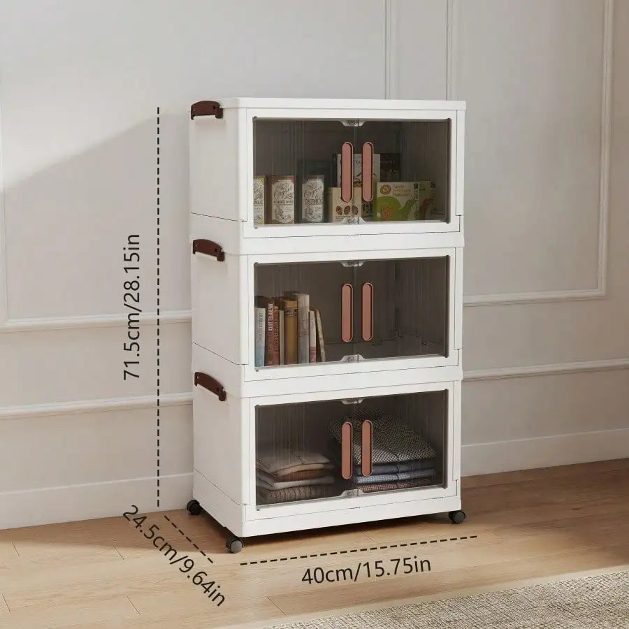 4 Tier Foldable Storage Cabinet Modern White Plastic Stackable Storage Bins Organizer Unit With Clear Magnetic Doors Wheels Handles For Clothes Pantry Bedroom Living Room Housewarming Gift