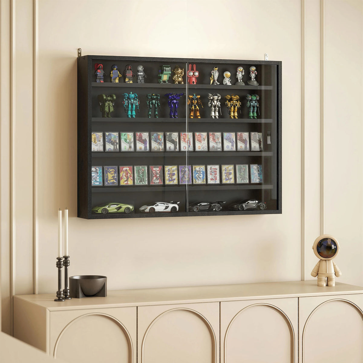 Homcom 5-Tier Display Cabinet, Glass Door Cabinet with Adjustable Shelves, Wall-Mounted Display Case for Playroom, Bedroom, Jet Black