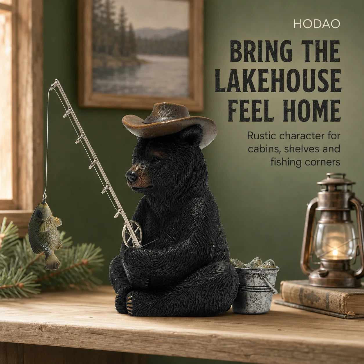Hodao Resin Fishing Bear Figurine Figure Model, Rustic Black Bear Decor with Cowboy Hat, Fishing Rod, Hanging Fish and Bait Bucket, Outdoorsman Tabletop Statue for Cabin Lodge, Lake House, Shelf, Mantel, Office, Angler Fisher