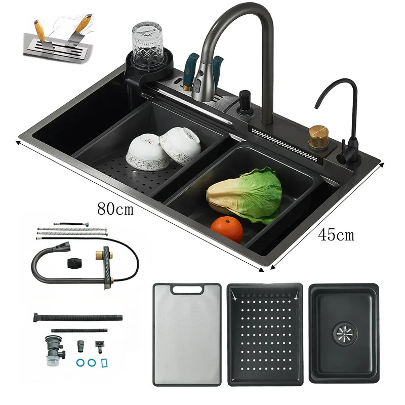 304Stainless Steel Kitchen Sink Faucet Set Rainfall Spout Pull Out Sprayer Pure Tap Cold Hot Water Mixer Multifunctional Kitchen