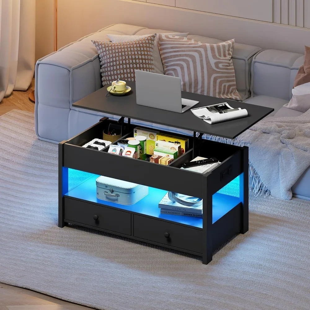 WLIVE Black Lift Top Coffee Table with 2 Drawers LED Light - Large Storage Open Shelf for Living Room Modern Home Furniture