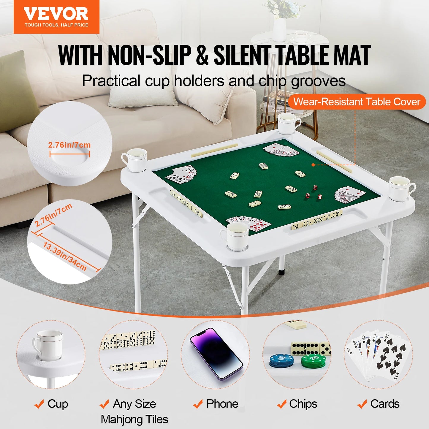 SucceBuy Mahjong Table 4 Player Folding Domino Table with Wear-Resistant Green Tabletop Portable Square Card Table 4 Chip Trays