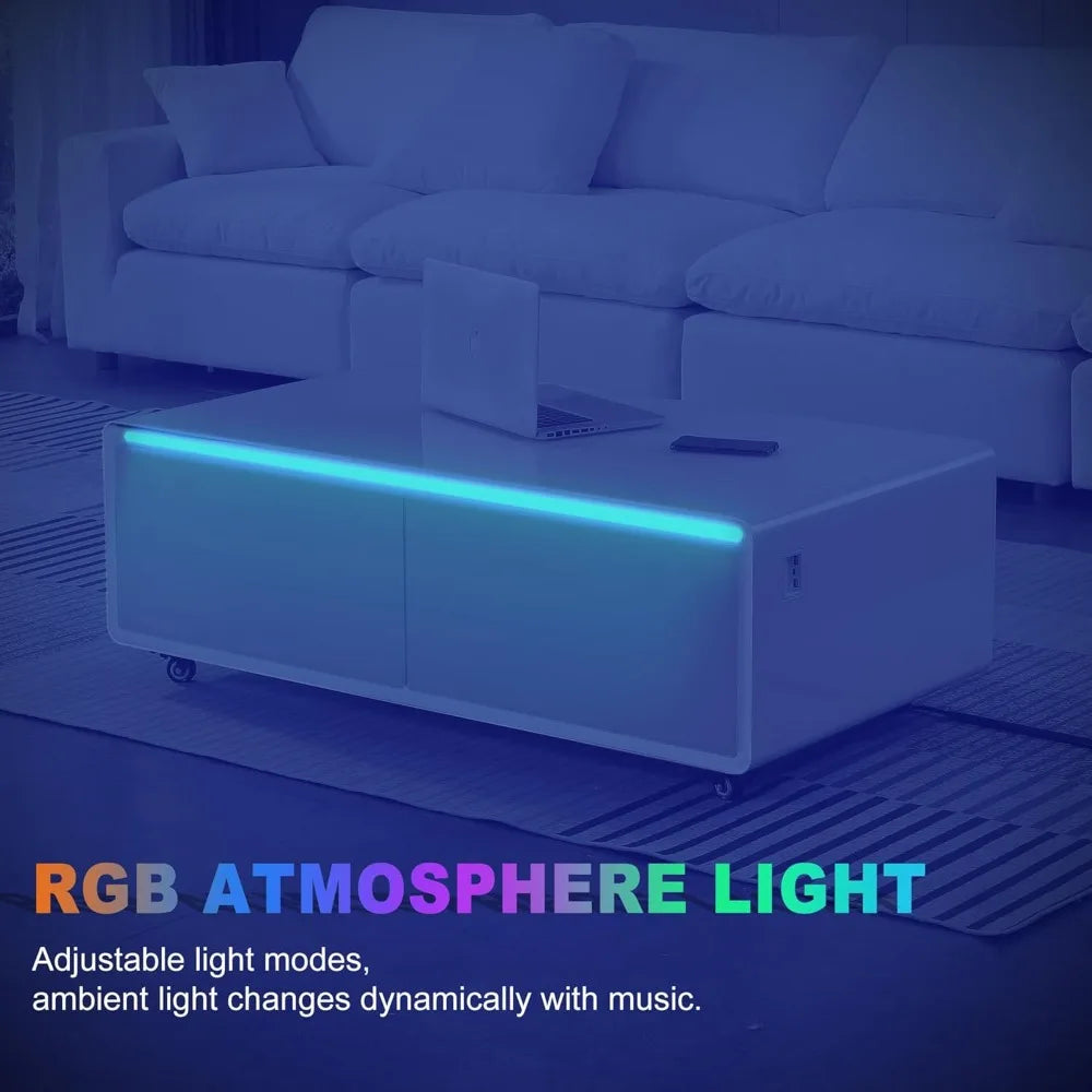 Smart Coffee Table with Built in Fridge, Living Room Table Bluetooth Sound and Wireless Charging, Type-C & USB Interface, Temper