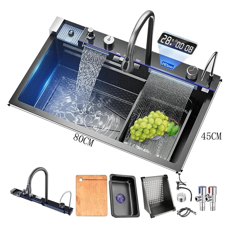 304Stainless Steel Kitchen Sink Faucet Set Rainfall Spout Pull Out Sprayer Pure Tap Cold Hot Water Mixer Multifunctional Kitchen