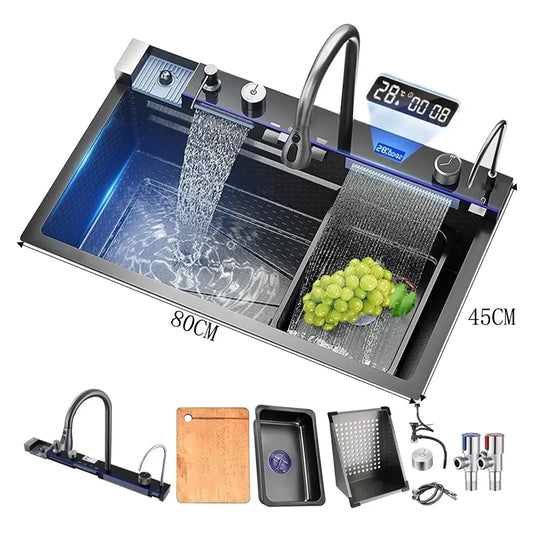 304Stainless Steel Kitchen Sink Faucet Set Rainfall Spout Pull Out Sprayer Pure Tap Cold Hot Water Mixer Multifunctional Kitchen