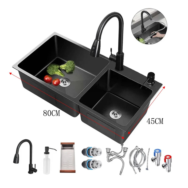 304Stainless Steel Kitchen Sink Faucet Set Rainfall Spout Pull Out Sprayer Pure Tap Cold Hot Water Mixer Multifunctional Kitchen