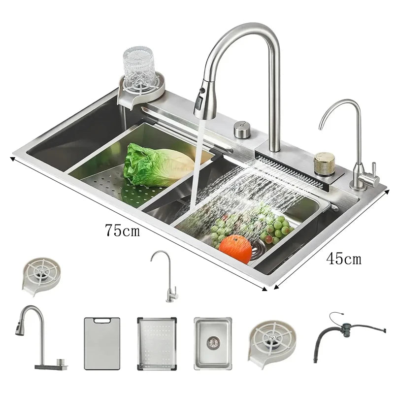 304Stainless Steel Kitchen Sink Faucet Set Rainfall Spout Pull Out Sprayer Pure Tap Cold Hot Water Mixer Multifunctional Kitchen