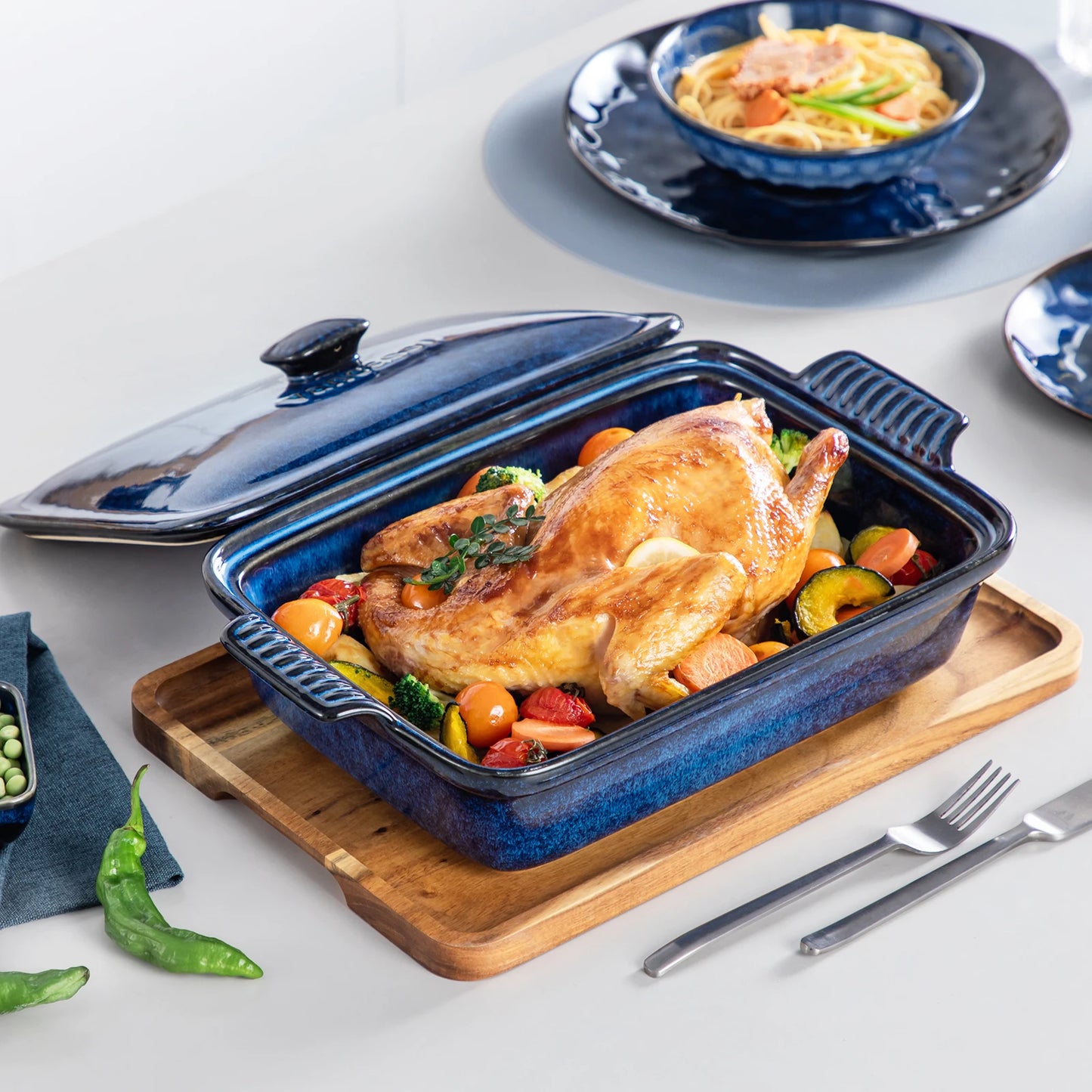 Vancasso Starry 3.8/1.9 Quart Blue Casserole Baking Dish Large Lasagna Pan with Lid Stoneware Casserole with Lid Microwave