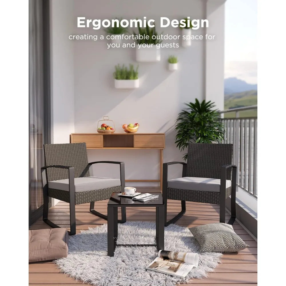 3 Pieces Patio Furniture Set Rocking Bistro Set Outdoor Rattan Conversation with Coffee Table for Garden Balcony Backyard Poolsi