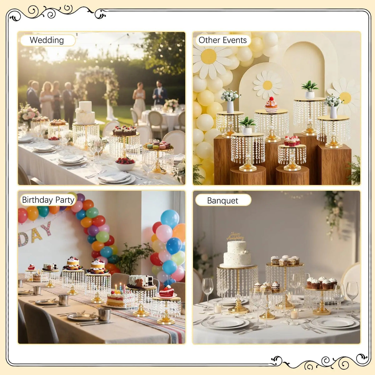 6Pcs Gold Mirror Cake Stand Set With Crystal Pendants, Round Dessert Display Stands For Wedding Birthday Party Dessert Table Cupcake Holder