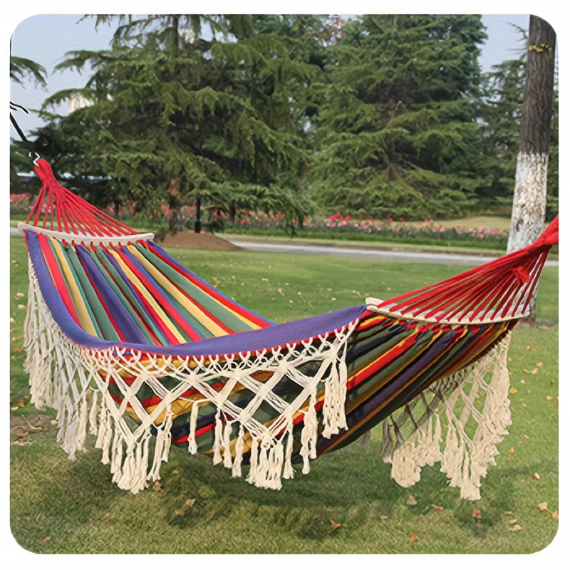 Bohemian Double Hammock for 2 Person, Red White Striped Pattern with Tassels, Heavy Duty Rope Outdoor Hammock with Carry Bag