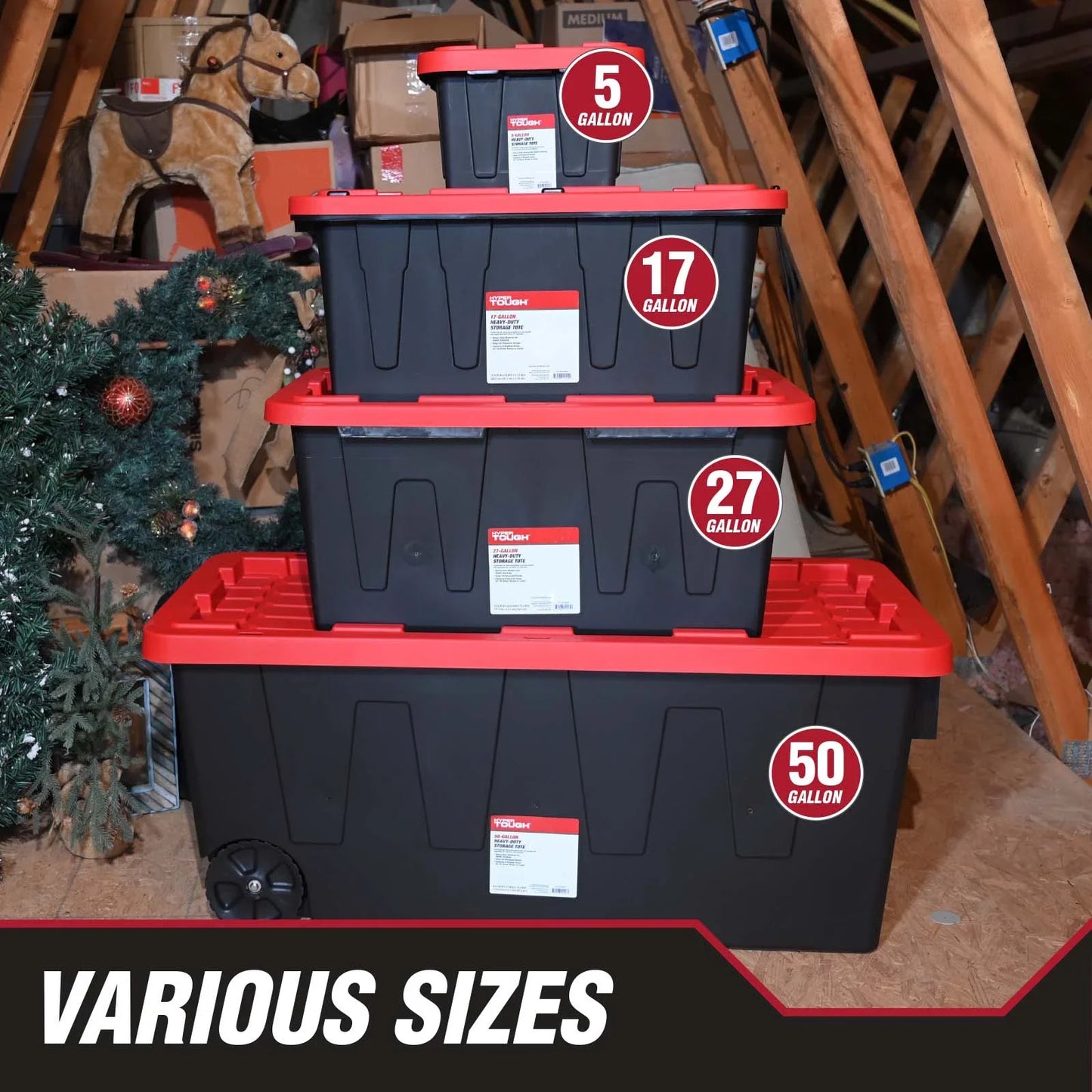 6 Pack 27 Gallon Large Storage Bins with Snap Lid Black And Red Heavy Duty Plastic Storage Containers for Home Organization