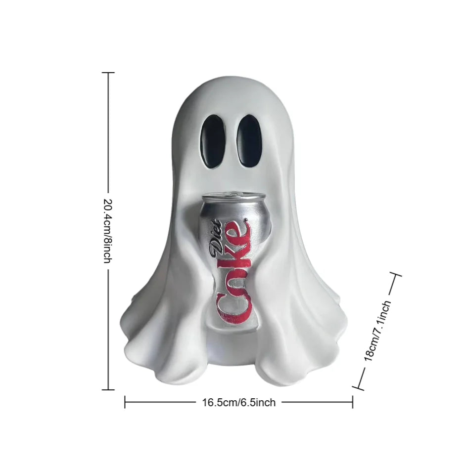 Funny Ghost Holding Soda Can Resin Statue Halloween Desk Decor Cute Spooky Room Ornament Gift for Home Office Decoration