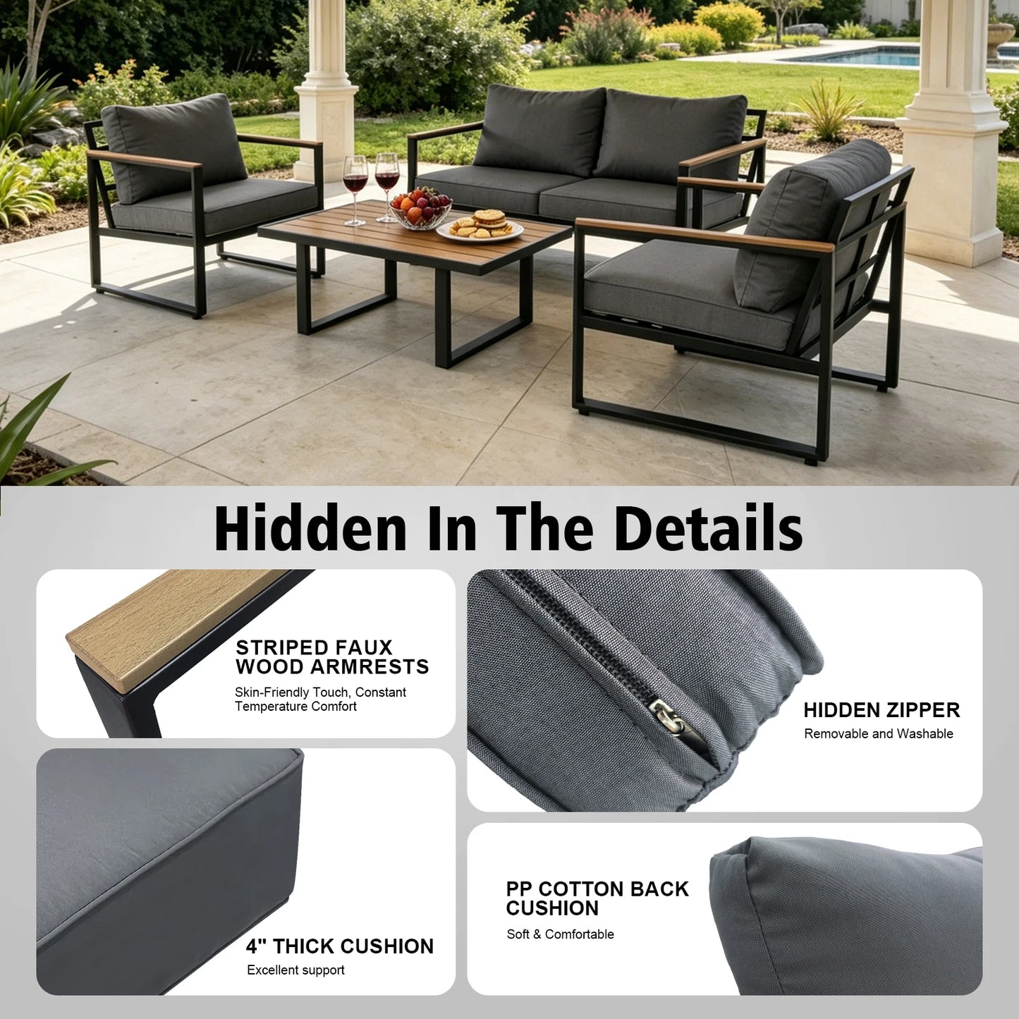 Outdoor Textilene Patio Conversation Set, 4-Piece Metal Frame Furniture With Loveseat, 2 Armchairs & Wood Look Coffee Table, Weather Resistant Outdoor Seating Group For Yard, Balcony, Terrace