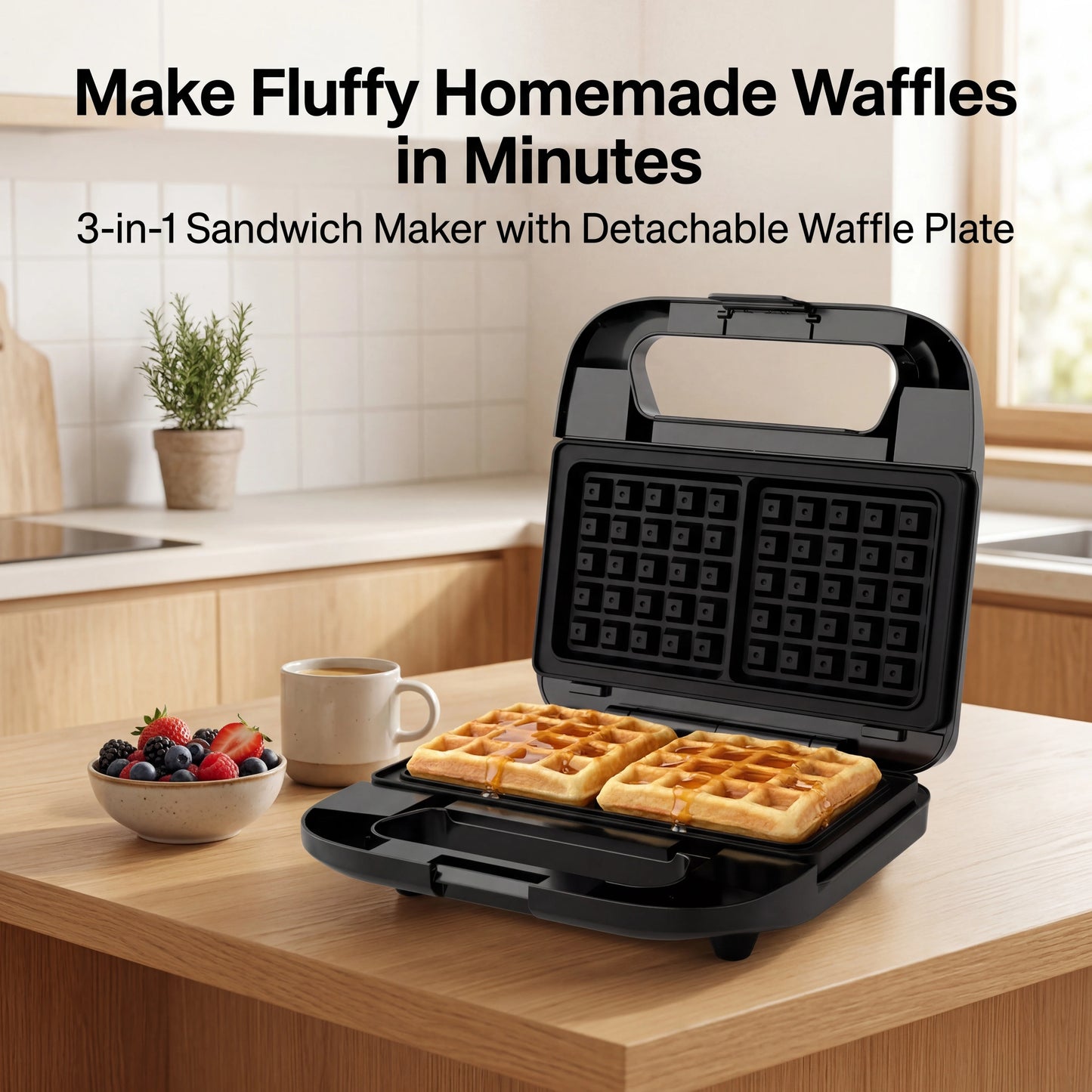 3-in-1 Sandwich Maker, Panini Press & Waffle Iron - Indoor & Outdoor Electric Grill with Removable Non-Stick Plates, 800W