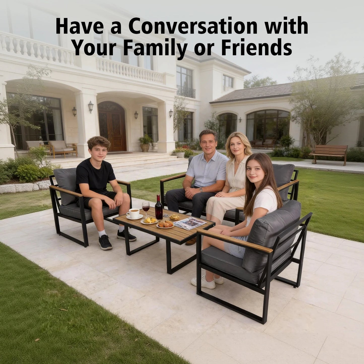 Outdoor Textilene Patio Conversation Set, 4-Piece Metal Frame Furniture With Loveseat, 2 Armchairs & Wood Look Coffee Table, Weather Resistant Outdoor Seating Group For Yard, Balcony, Terrace