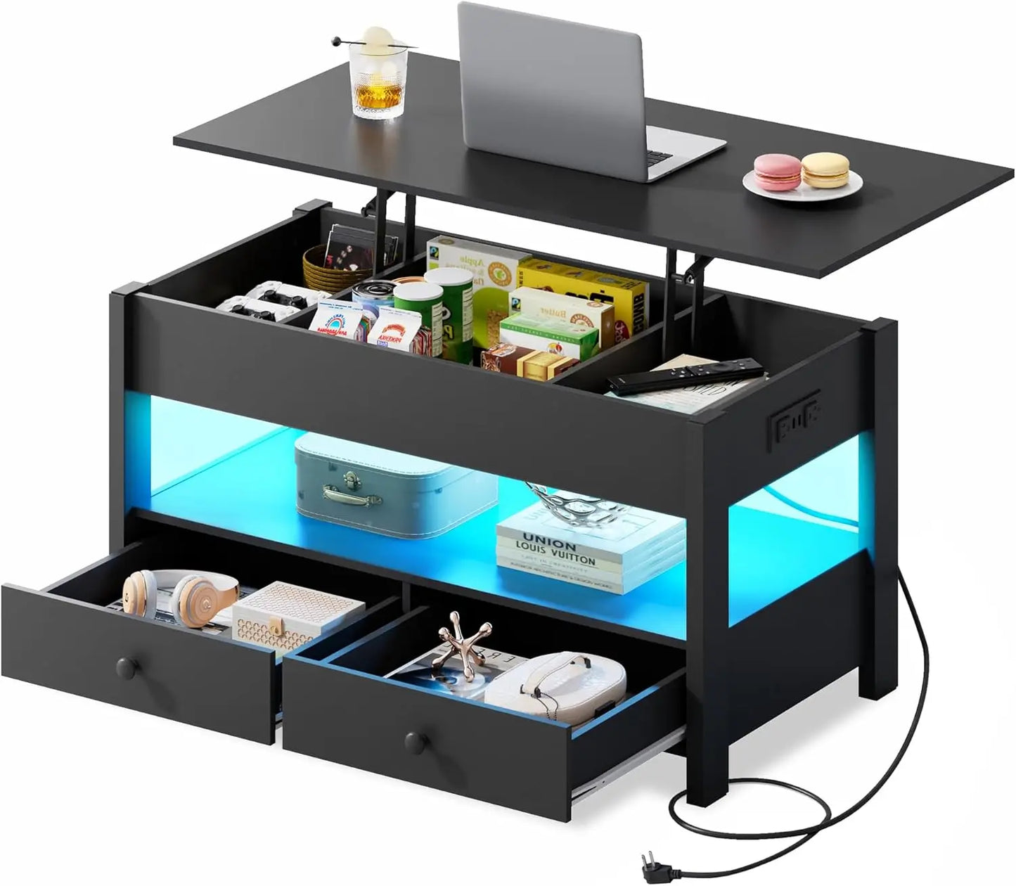 WLIVE Black Lift Top Coffee Table with 2 Drawers LED Light - Large Storage Open Shelf for Living Room Modern Home Furniture