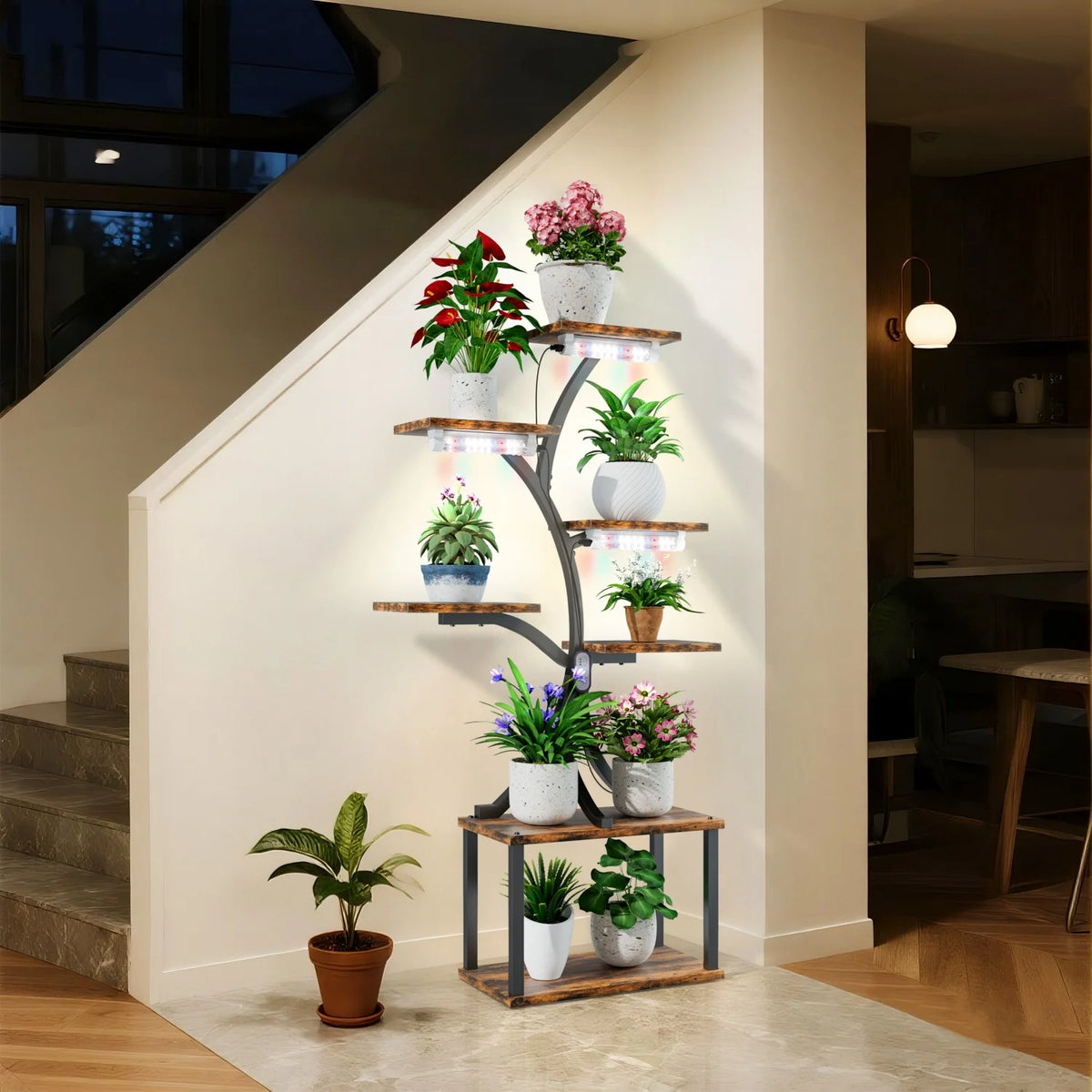 7 Tier Tree Shaped Plant Stand for Patio Living Room Metal Plant Flower Pot Display Holder with Lights