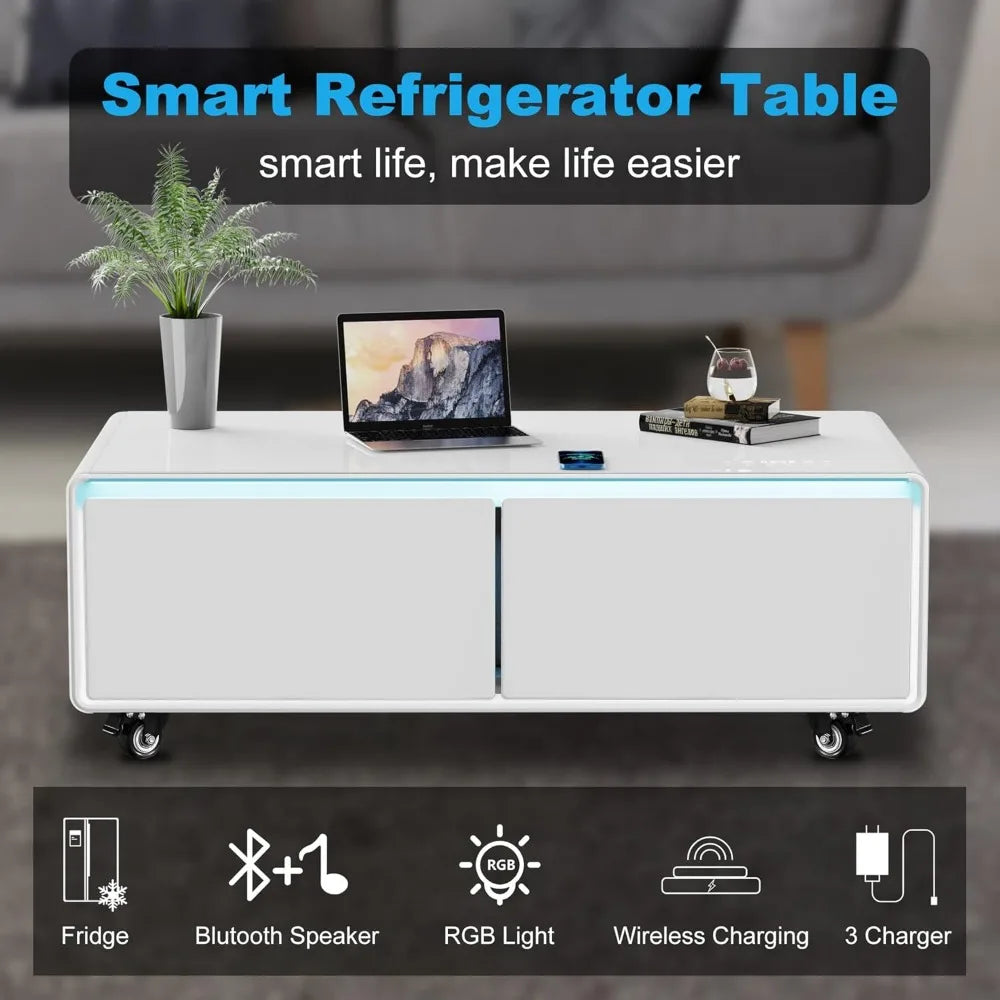 Smart Coffee Table with Built in Fridge, Living Room Table Bluetooth Sound and Wireless Charging, Type-C & USB Interface, Temper