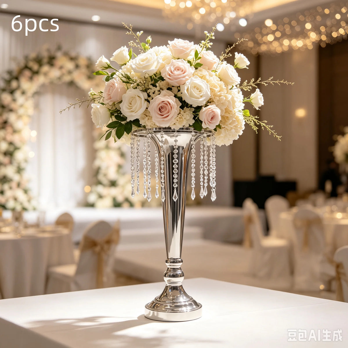 6pcs Crystal Flower Stand, Wedding Centerpiece, Crystal Wedding Flower Stand 55cm Silver Iron Durable DIY Vase Holder for Party Event Decor