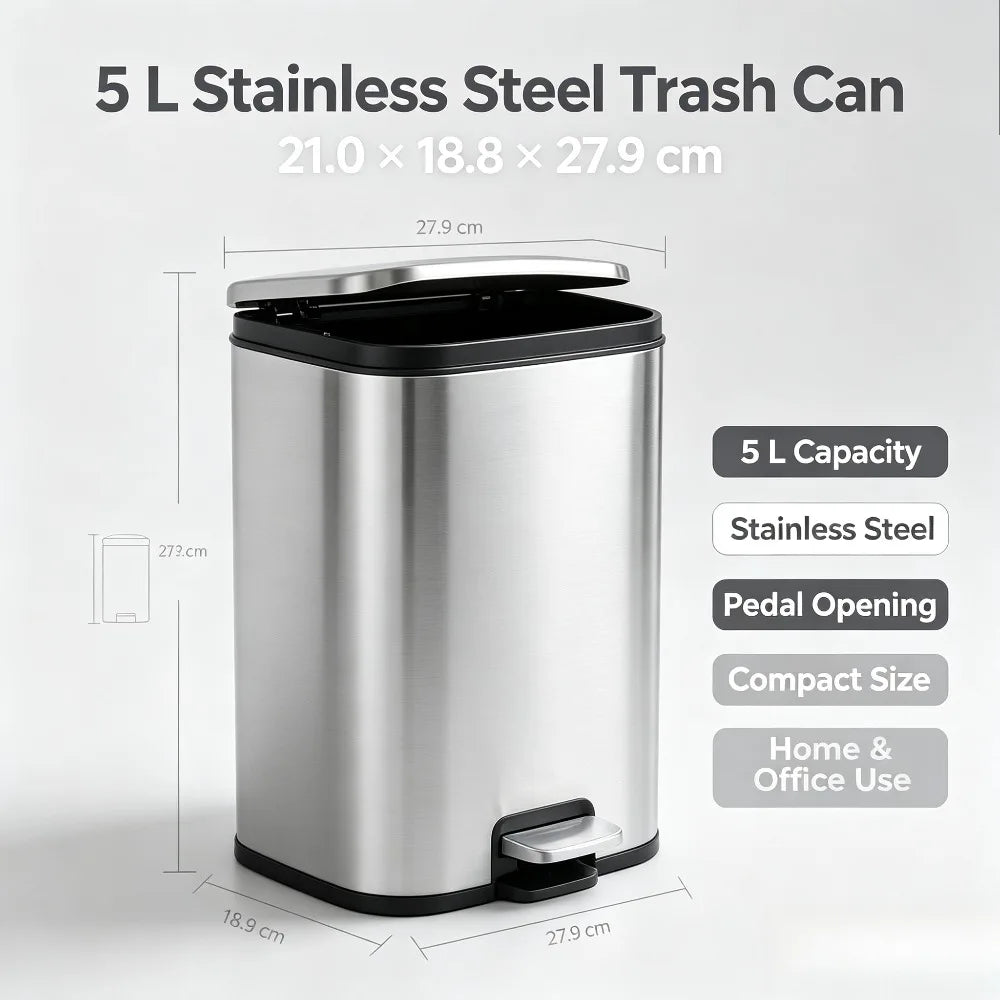 5L Stainless Steel Step Trash Can With Lid And Inner Bucket Silent Close Narrow Bin for Home Kitchen Bathroom Bedroom Kitchen