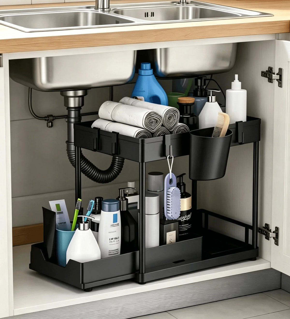 2-Pack/1-Pack 2 Under Sink Organizer 2 Tier Pull Out Sliding Cabinet Storage Rack for Your First Solo Apartment, H Shaped Design Fits Around Pipes, Smooth Glide Bottom Drawer, No Tools Assembly, Heavy Duty Metal.