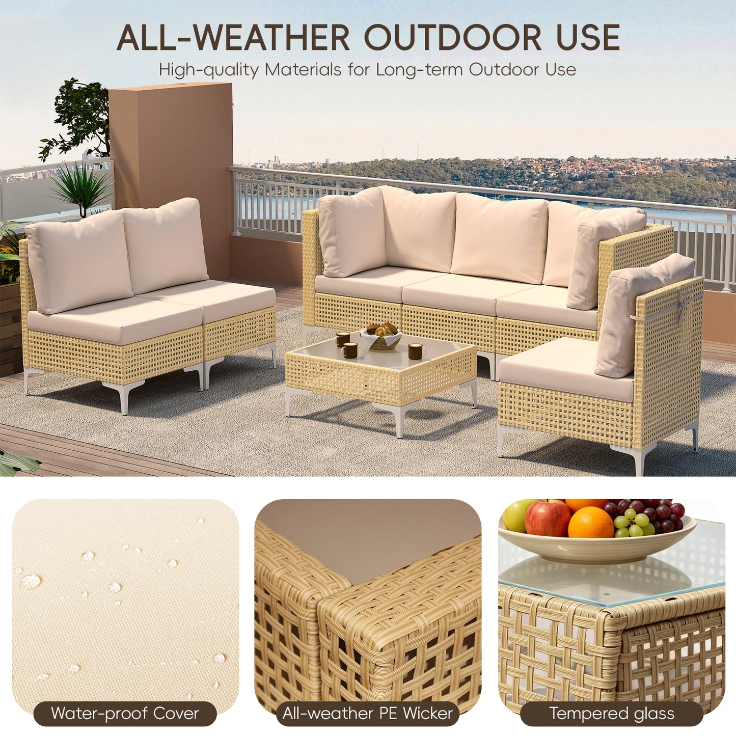 7 Piece Outdoor Patio Furniture Set Boho Style Weatherproof Wicker Conversation Set with Coffee Table
