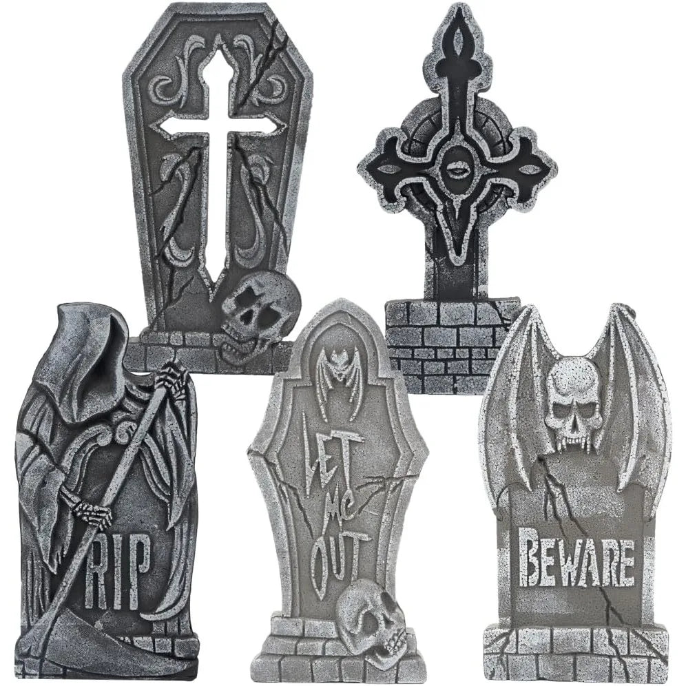 17" Halloween Decorations Outdoor Tombstones 5 Pack Halloween Graveyard Foam Headstones Decor with 12 Metal Stakes for Prop Cemetery Yard Lawn Decorations, Party Supplies