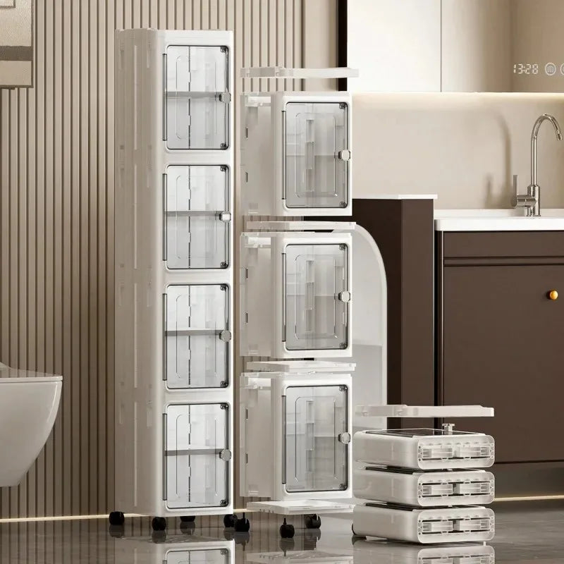 5‑Tier Slim Fold‑Up Storage Cabinet with Universal Rolling Wheels, Narrow Gap Transparent Door Plastic Organizer, Stackable Dust‑Proof Side Cabinet for Fridge Gap, Kitchen, Bathroom, Bedroom Snacks Toiletries Clothes St