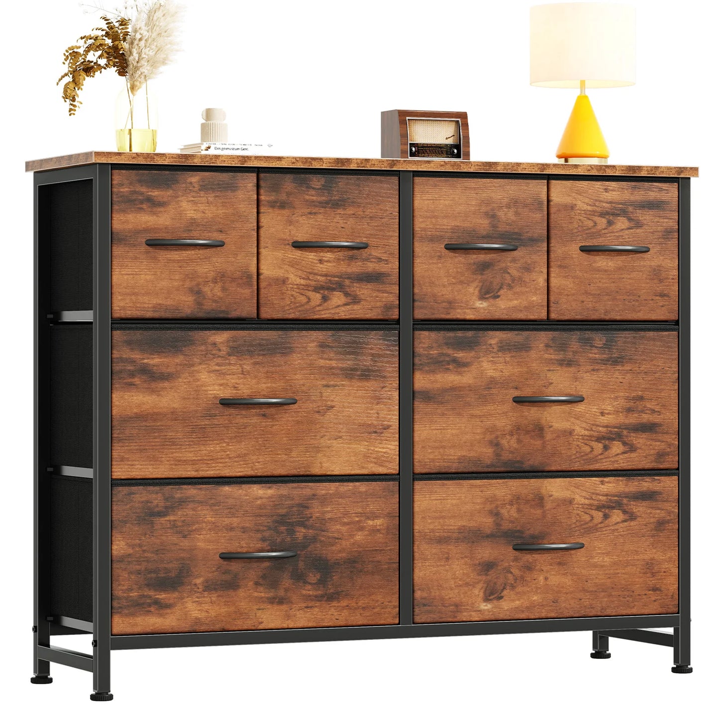 JHK 8 Fabric Drawers Dresser for Living Room Storage Tower with Wood Top and Mental Frame Wide Fabric Dresser for Closet Storage Unit for Entryway
