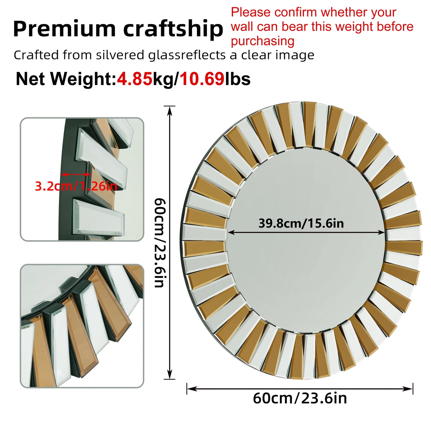 60/80CM Round Starburst Decorative Wall Mirror Gorgeous Tawny Accent Mirror for Bathroom Bedroom Living Room Dining Room