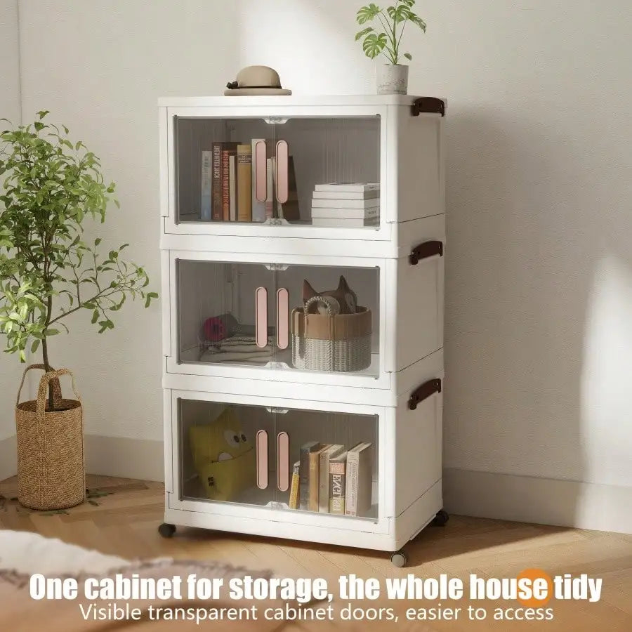 4 Tier Foldable Storage Cabinet Modern White Plastic Stackable Storage Bins Organizer Unit With Clear Magnetic Doors Wheels Handles For Clothes Pantry Bedroom Living Room Housewarming Gift