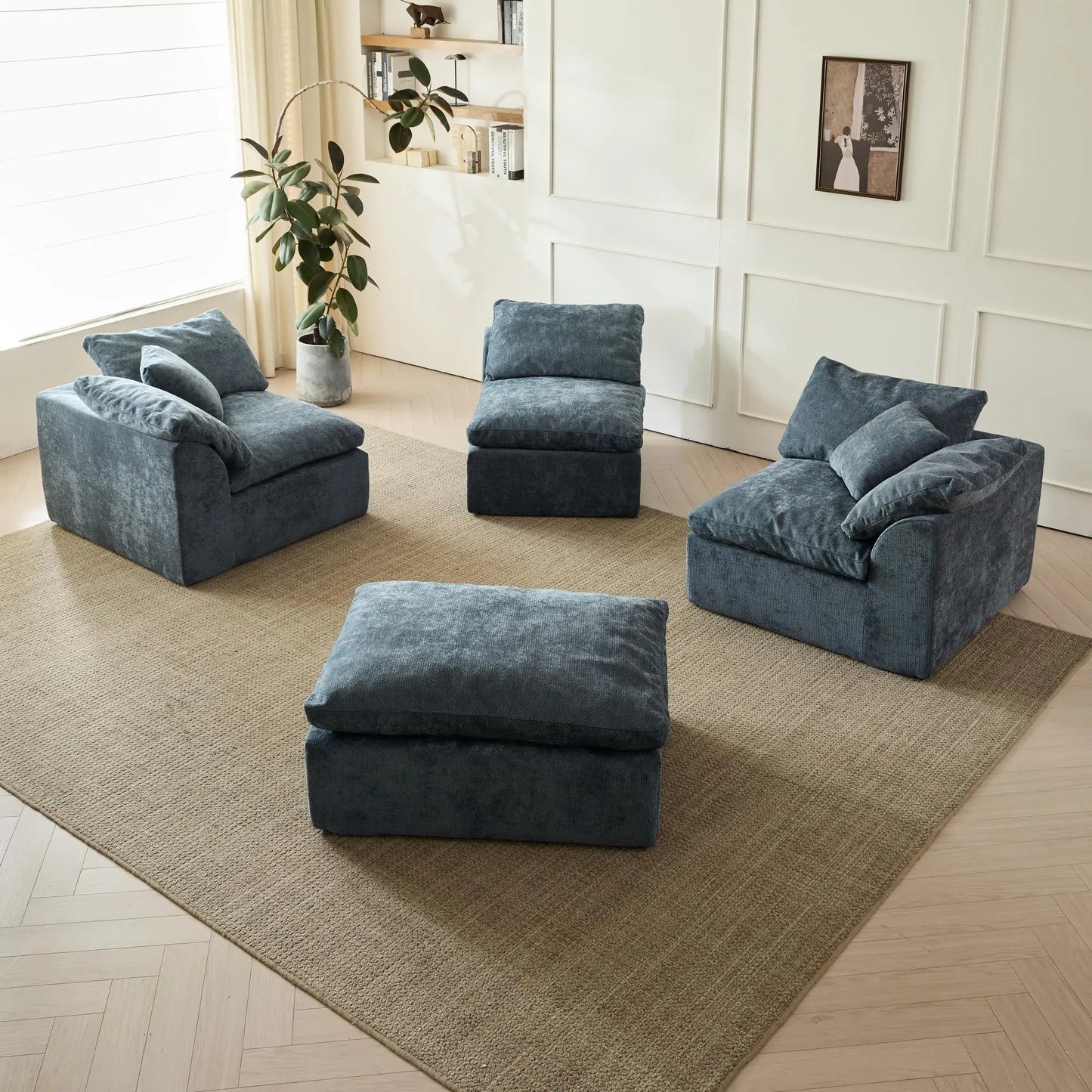 109" Modern Cloud L-Shaped 3-Seater Oversized Deep Seat Chenille Fabric Sofa Blue Modular Sectional with Ottoman