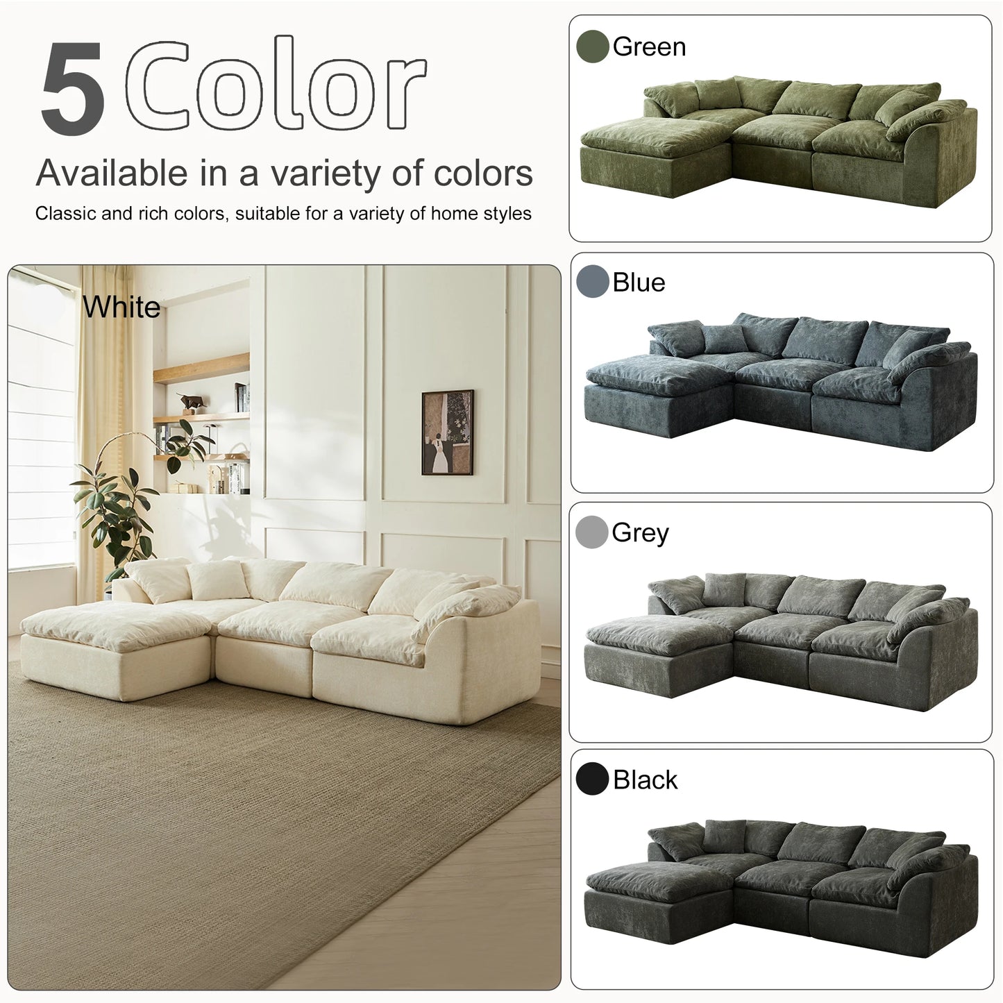 109" Modern Cloud L-Shaped 3-Seater Oversized Deep Seat Chenille Fabric Sofa Blue Modular Sectional with Ottoman