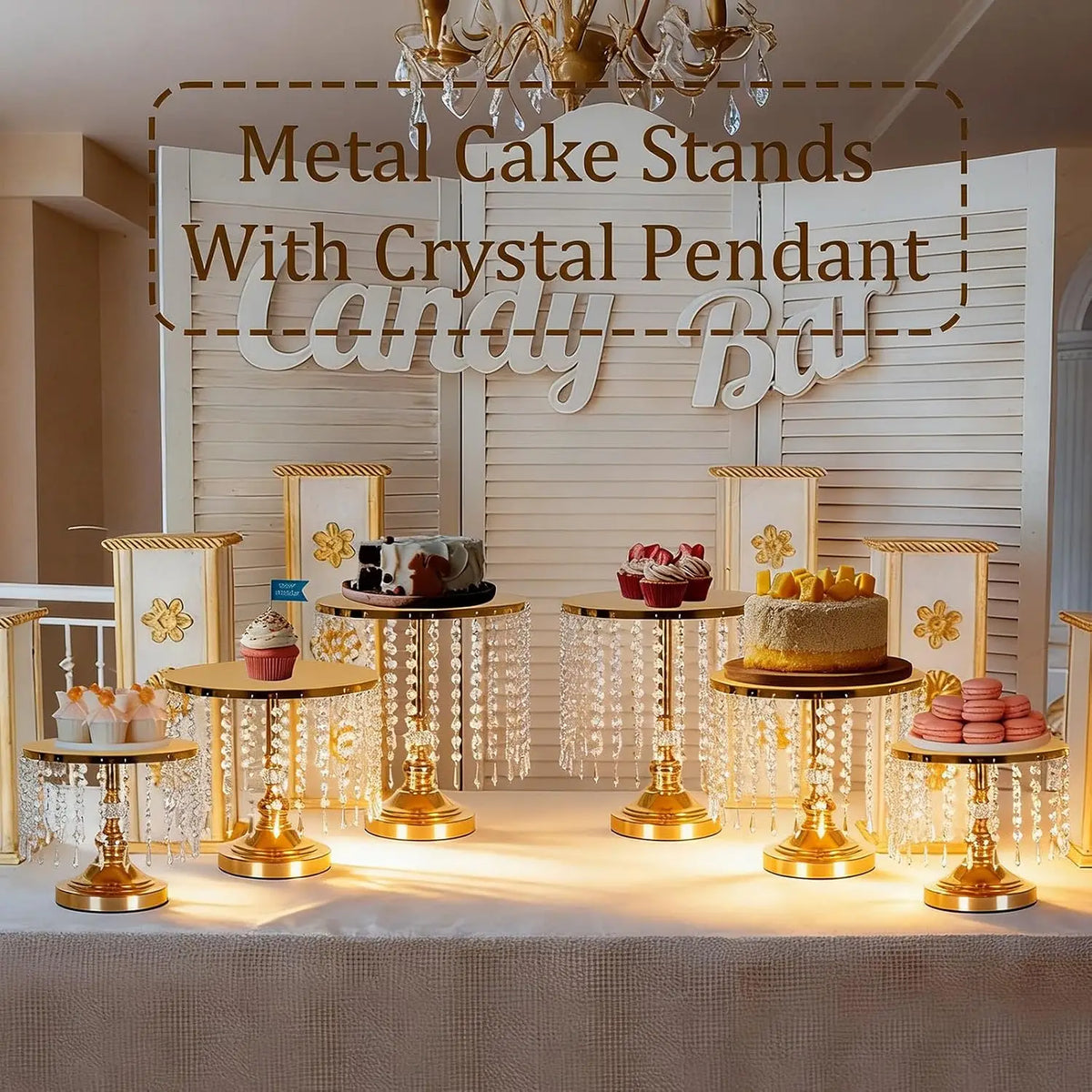 6Pcs Gold Mirror Cake Stand Set With Crystal Pendants, Round Dessert Display Stands For Wedding Birthday Party Dessert Table Cupcake Holder
